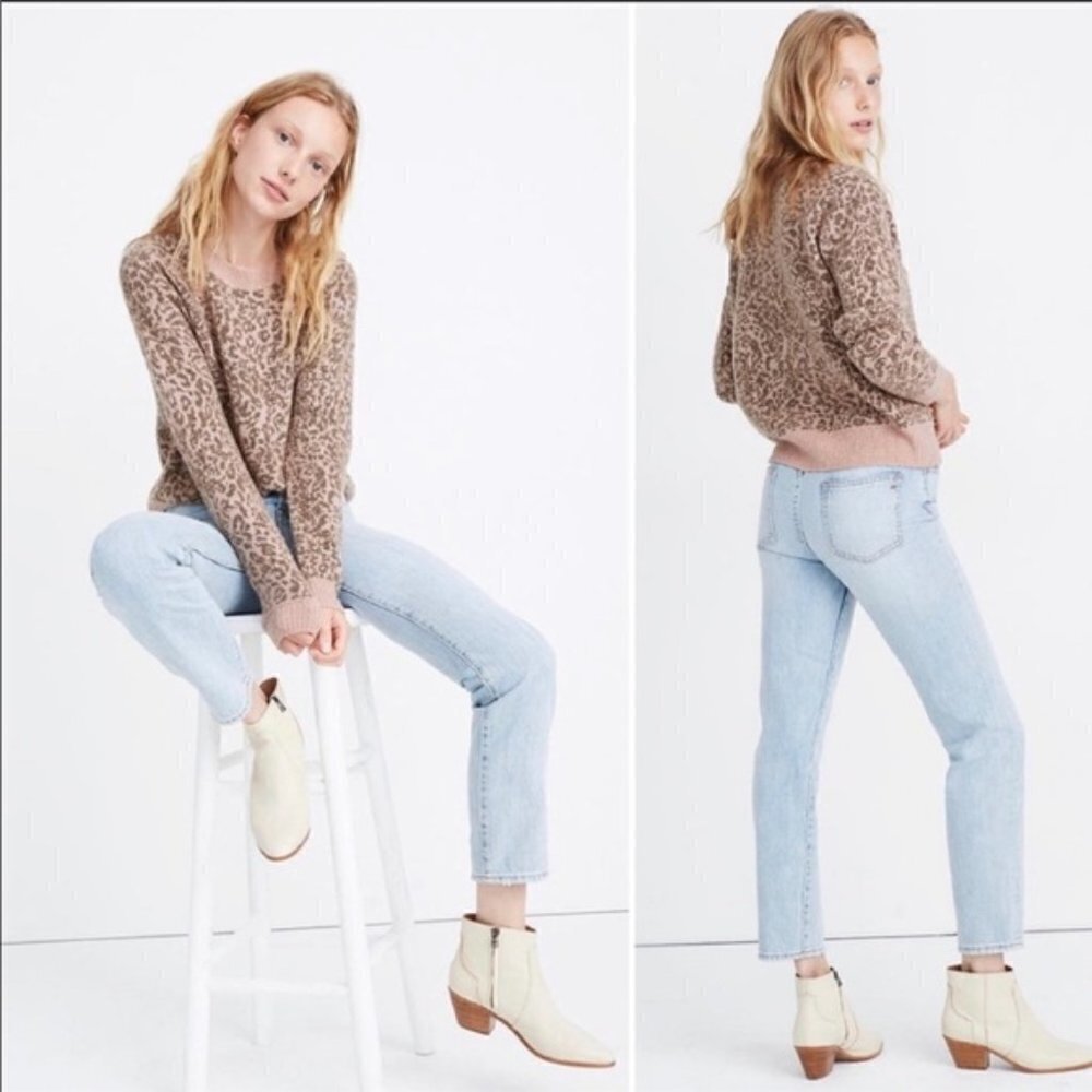 Madewell Pink Leopard Shrunken Pullover Crewneck Sweater